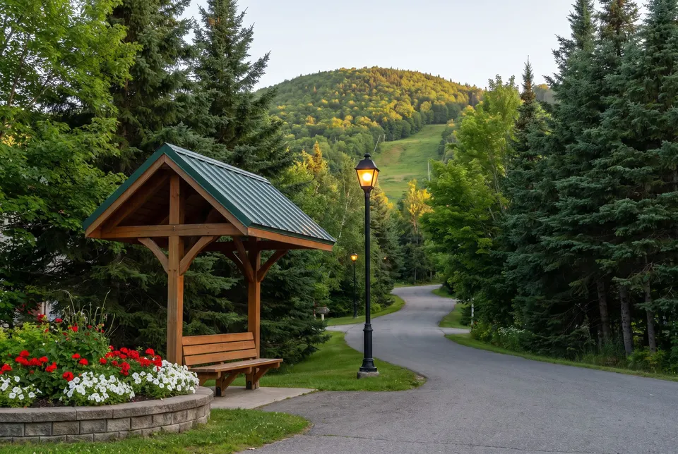 Abri de navette en bois au crépuscule, montagne derrière