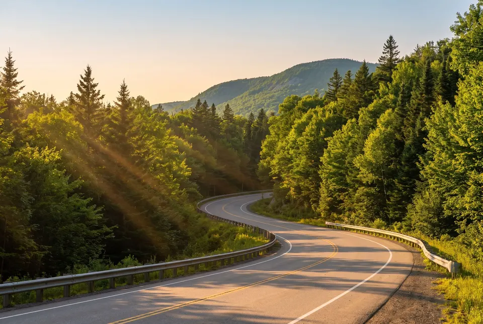 Route de montagne en courbe dans la forêt, le soir